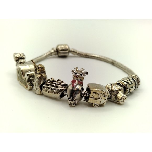 Sterling Silver Sliding Charm Reflection Beads Bracelet Dog Sled Reindeer 7.75" - Picture 1 of 9